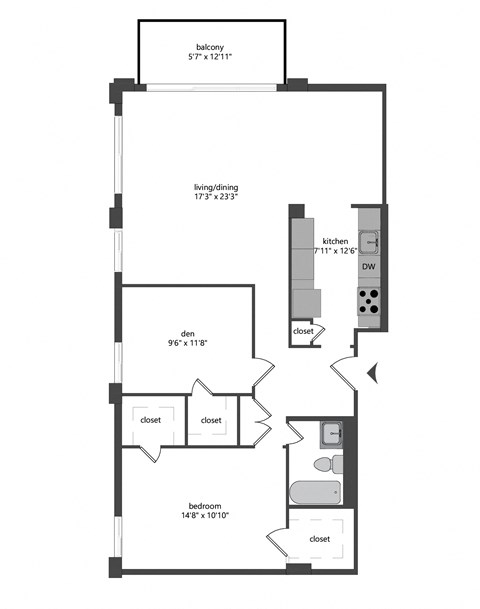 Floor plan for 1 bed, 1 bath, 980 sqft